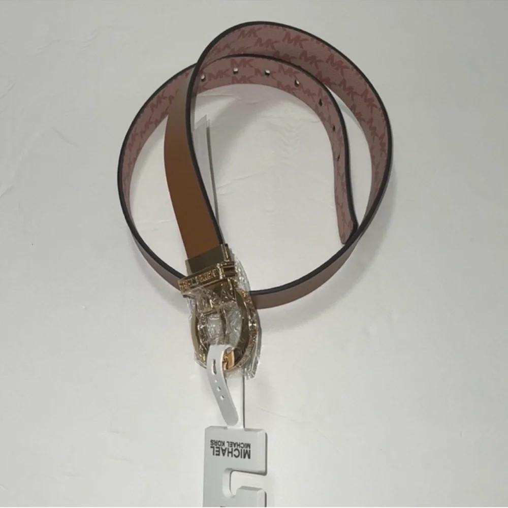 MICHAEL KORS MK Logo Twist Reversible Genuine LEATHER Luggage & Pink Belt Sz M